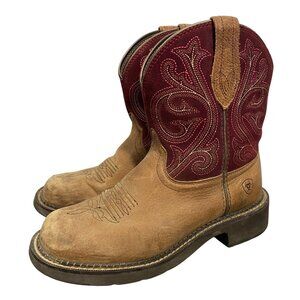 Ariat Fatbaby Womens 7B Western Cowboy Boots Leather & Suede Tan/Burgundy Embro